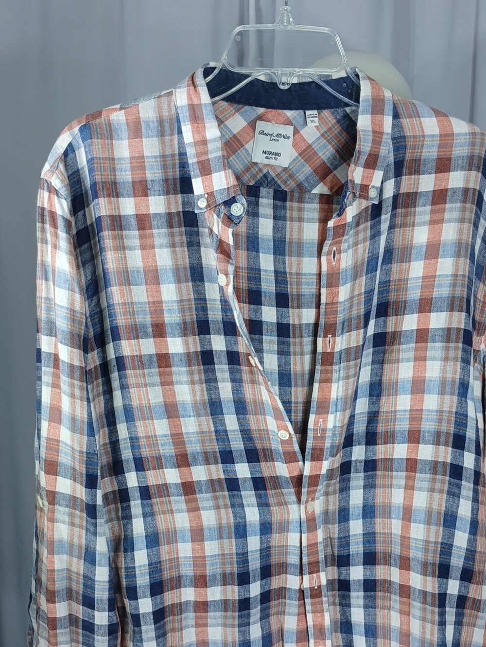 Murano mens XL linen Plaid Button-Down Shirt in Blue, Brown & White
